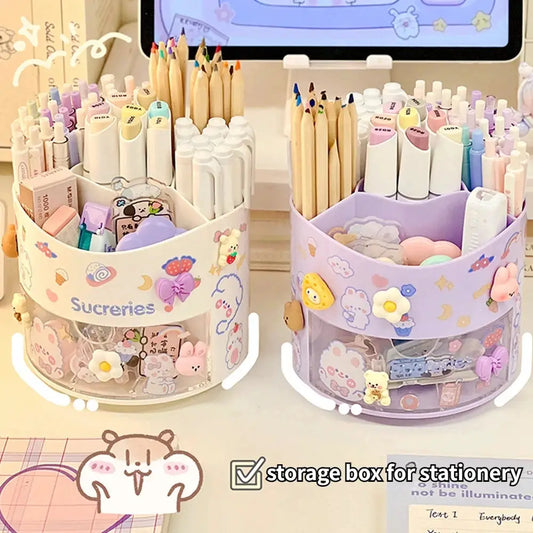 Cute Rotating Pen Holder Desktop Drawer Stationery Box Case School Office Desk Kawaii Stationery Storage Box Organizer Stickers from PriceLows™