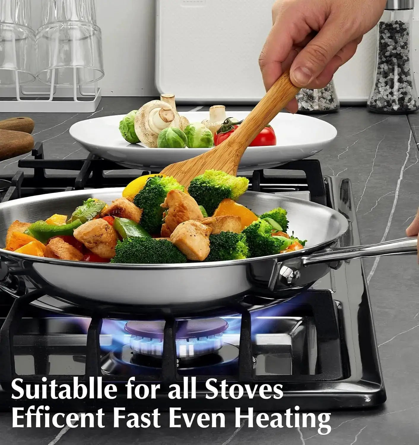 Tri Ply Stainless Steel Frying Pan, 8" 10" 12" Stainless Steel Pan Set, 18/10 Kitchen Skillet, Induction Compatible from PriceLows™