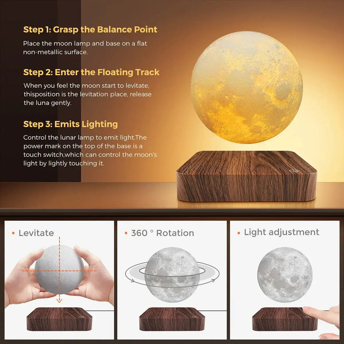 Magnetic Floating Rotating Moon Lamp with Wooden Base, 3 Color Temperature LED Night Lights of Print 3D for Unique Gifts, Room from PriceLows™