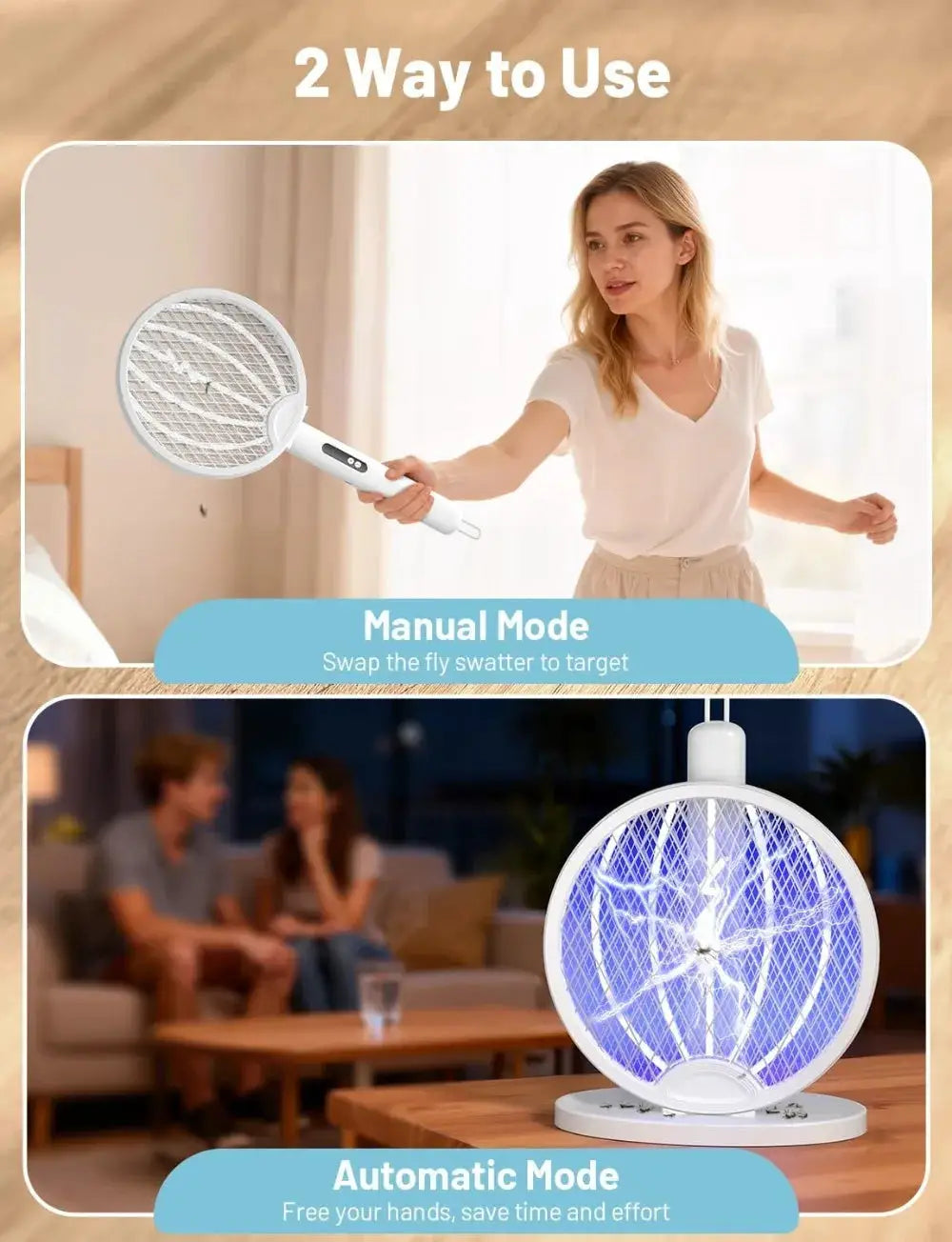 2-in-1 Mosquito Killer Racket, 4000V Foldable Electric Fly Swatter with Charging Base & Attractant Light, Rechargeable 1800mAh, Bug Zapper for Home, Patio, Backyard, Camping from PriceLows™