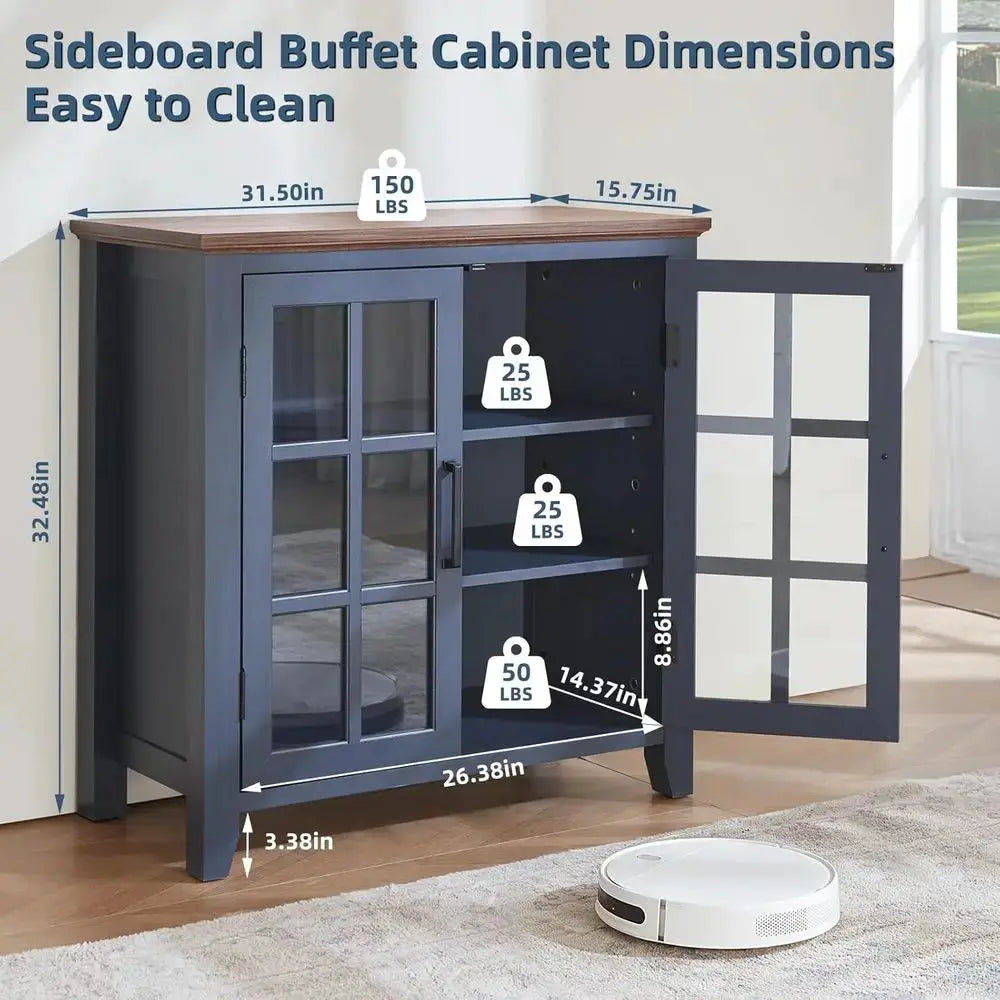 32 Navy Blue Kitchen Coffee & Wine Bar Cabinet with Storage and 2 Glass Doors from PriceLows™