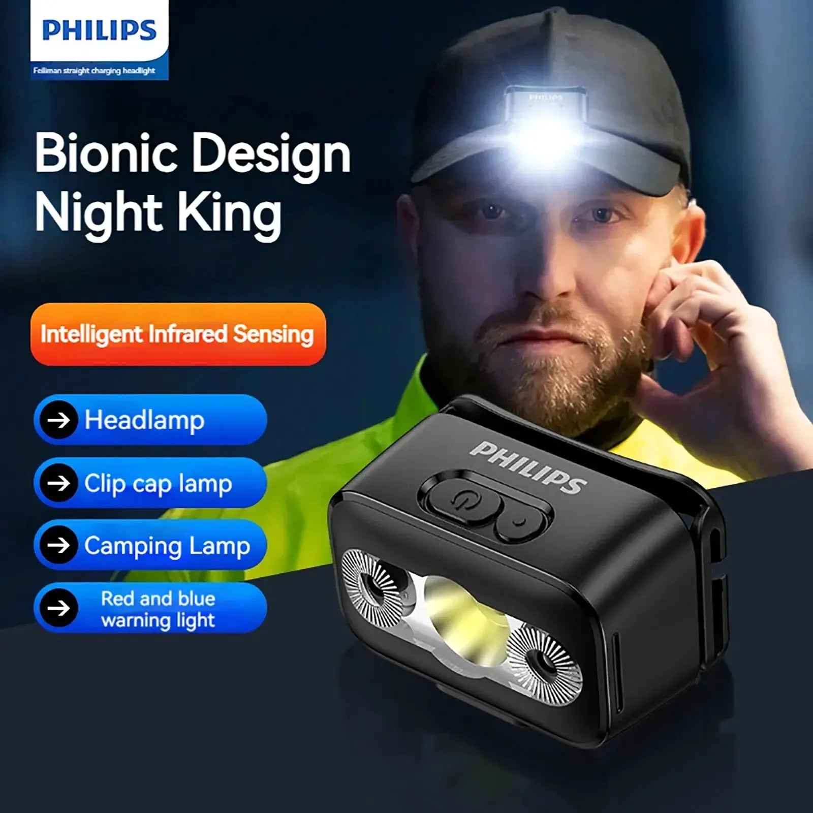 PHILIPS LED Headlamp Sensor Head Flashlight Ten Types of Lighting Type-C Rechargeable Headlight Outdoor Camping Fishing Lantern from PriceLows™