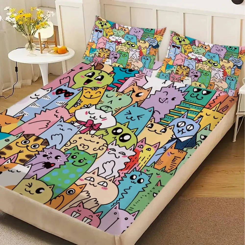 1pc Colorful Cartoon Cat Doodle Print Fitted Sheet Deep Pocket Elastic Mattress Cover Single Double Queen King Bedroom Decor from PriceLows™