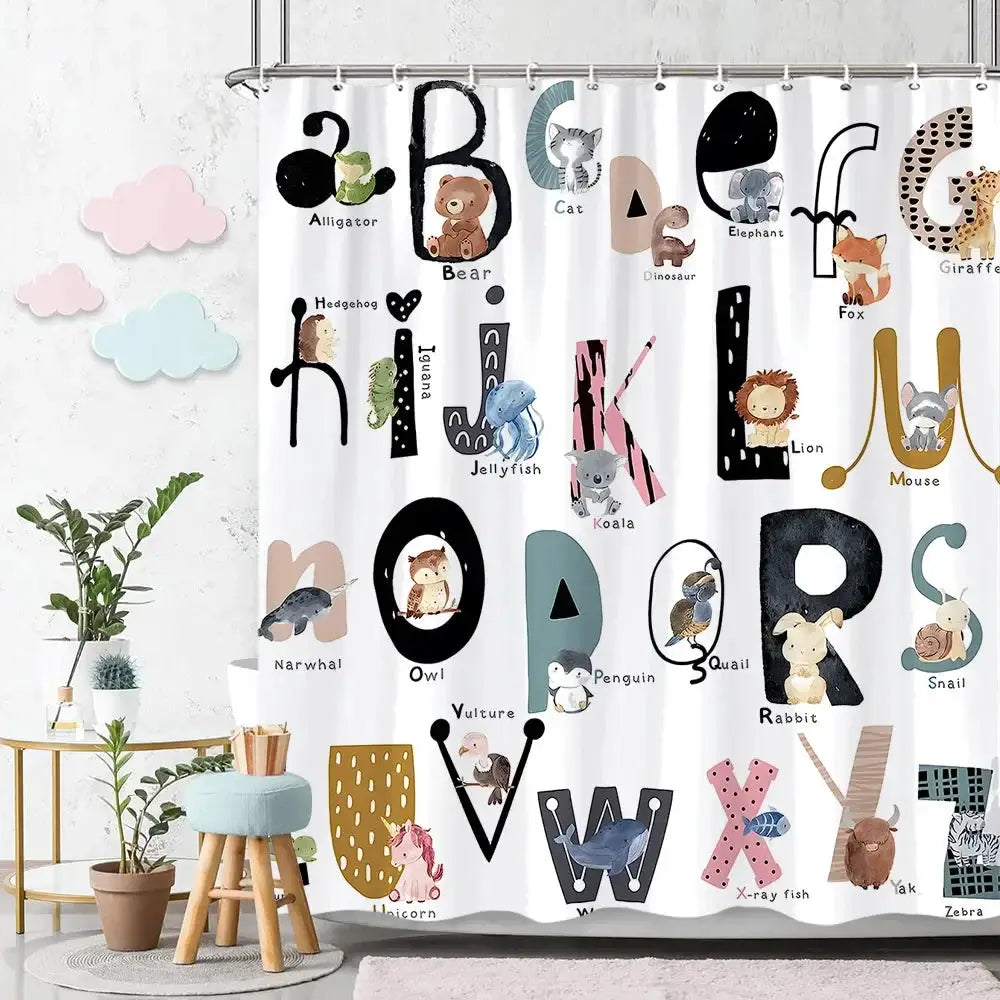 Cartoon Animal Alphabet Shower Curtain Kids ABC Educational Learning Tools Baby Girls Boys Colourful Bath Curtain Bathroom Decor from PriceLows™