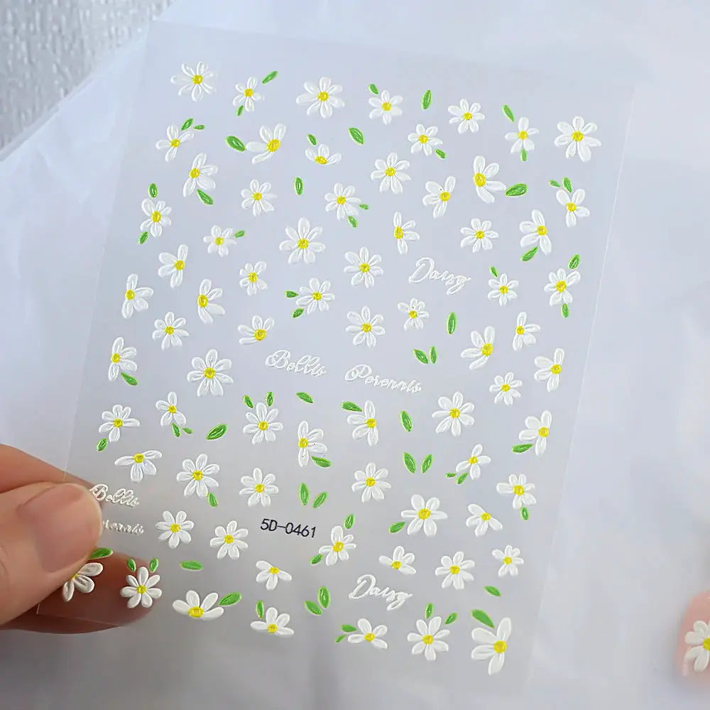 2pcs 5D White Daisy Design Nail Art Stickers Embossed Daisy Floret Green Leaf Nail Art Decals DIY Spring Summer Decor Stickers from PriceLows™