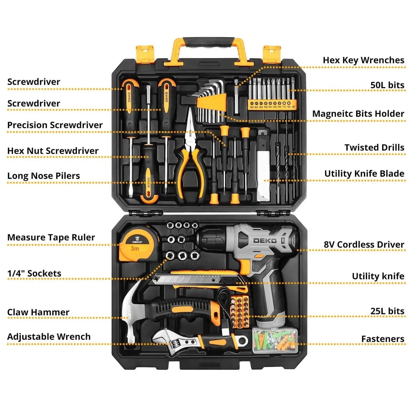 DEKO Household Hardware Tool Box 126PCS Tool Set with 8V Cordless Drill Electrician's Hardware Set Car Repairing Tools Woodwork from PriceLows™