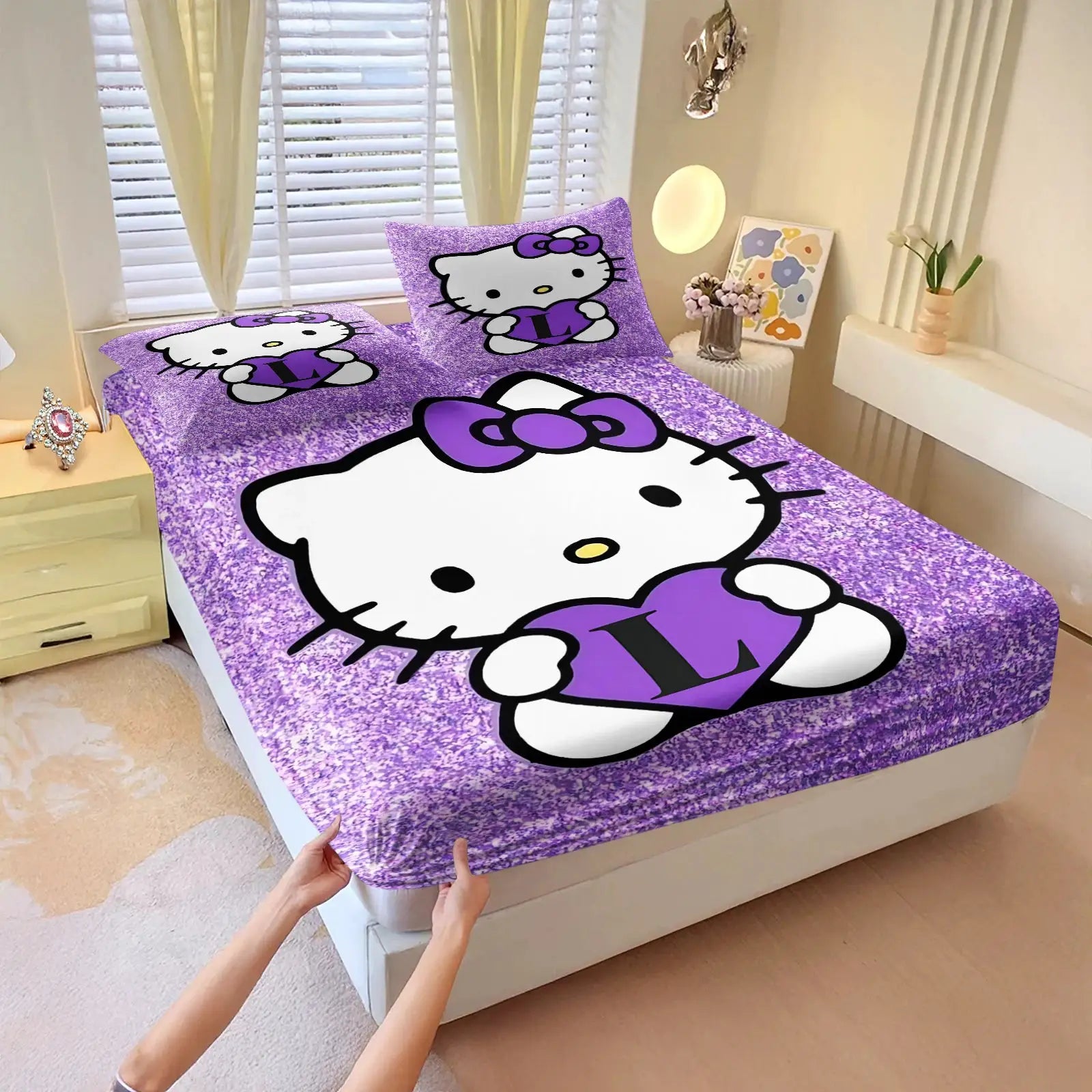 3Pcs Hello Kitty Fitted Sheet Set Purple Glitter Print with Pillowcases Cute Cartoon Fitted Sheet Set for Girls Bedroom Decor from PriceLows™
