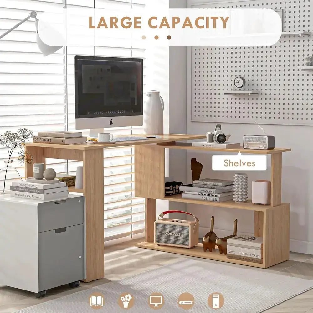 Maple Finish L-Shaped Corner Desk with 360-Degree Swivel and Storage Shelves for Home Office Writing and Workstation Use from PriceLows™