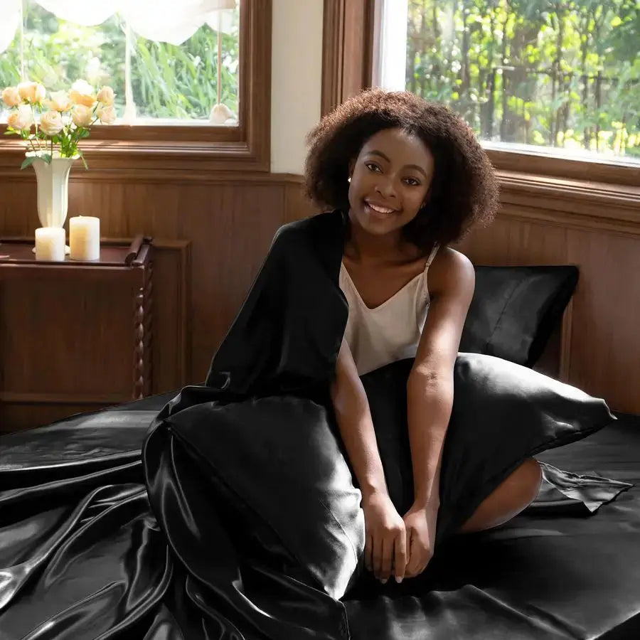 Satin Sheets King Size Sheet Set 4 Piece Silky King Sheets, Luxury Black King Bed Set with Smooth and Soft Microfiber, Includes from PriceLows™