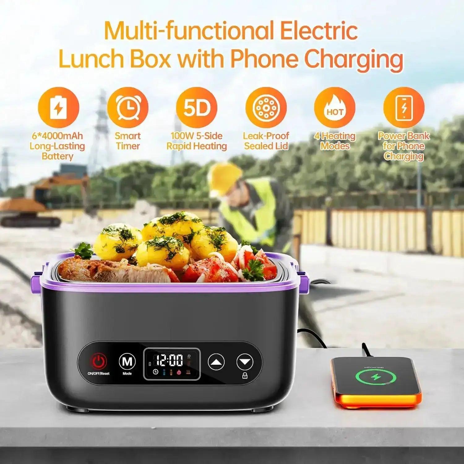 1.2L Electric Heated Lunch Box, 100W 5D Surround Heat, 24000mAh Battery, Portable Food Warmer, BPA Free, Purple from PriceLows™