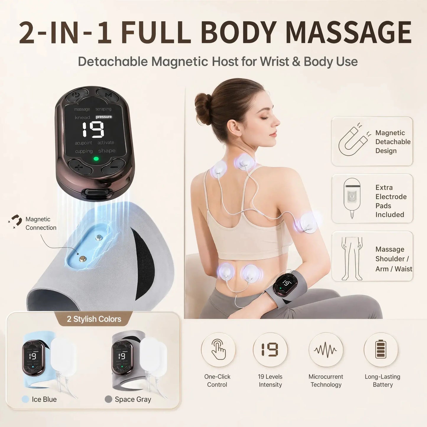 EMS TENS Wrist Massager | 8 Modes 19 Levels | Pulse Heating | Fresh Blue