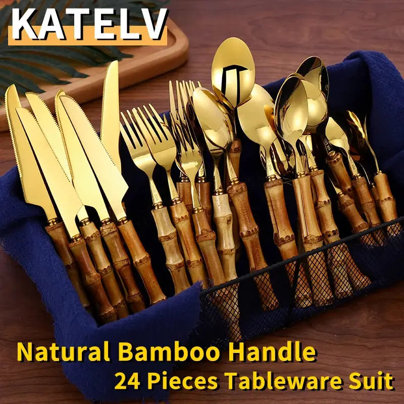 24Pcs Dinnerware Sets Original Nature Bamboo Handle Cutlery Stainless Steel Knife Fork Spoon Purely Natural Bamboo Tableware Set from PriceLows™