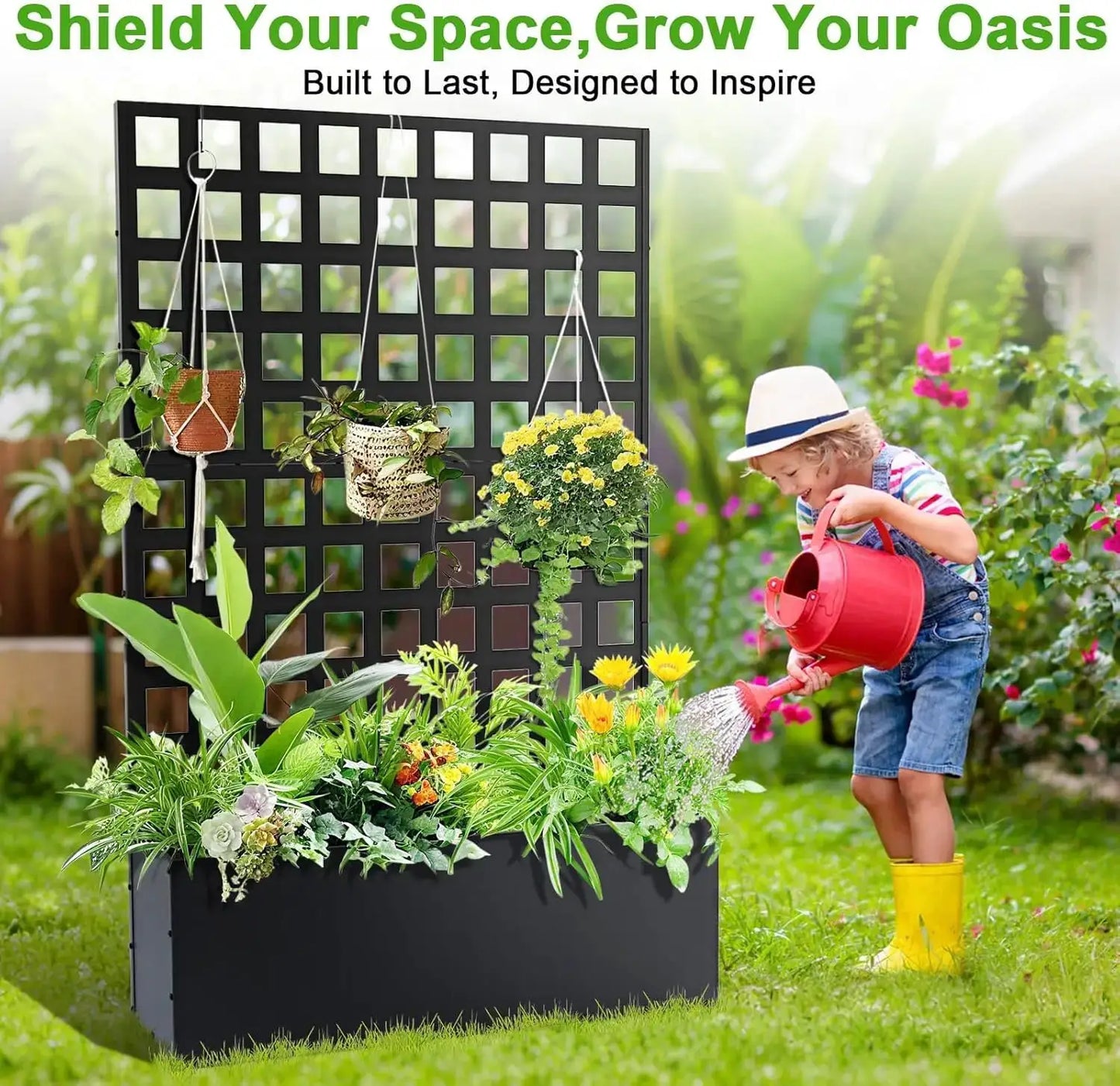 Metal Raised Garden Bed with Trellis, Privacy Planter with Privacy Screen & Drainage Holes, Outdoor Planter Box Standing from PriceLows™