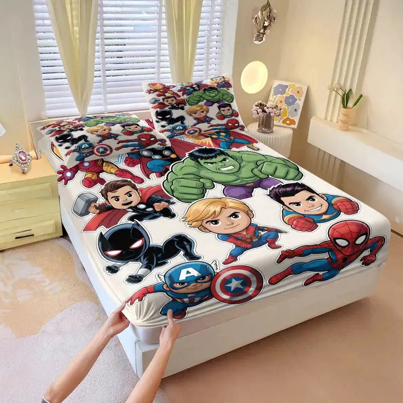 3Pcs Chibi Marvel Fitted Sheet Set with Pillowcases, Soft Deep Pocket Cartoon Print Mattress Cover for Kids Boys Girls Bedroom from PriceLows™