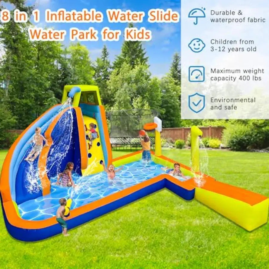 Inflatable Water Slide 8 in 1 Bounce House for Backyard Waterslide with Slide Climbing Wall Splash Pool Basketball Rim Sprinkle from PriceLows™