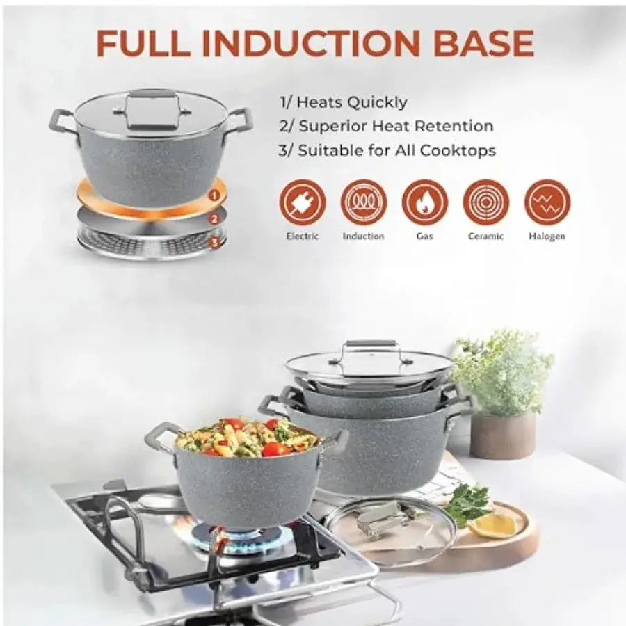 Gray Pots and Pans Set Nonstick 6 Stackable Piece Cooking Pots Set Kitchen Pots Non Stick Coating 5qt 3qt and 1.5qt Pots with L from PriceLows™