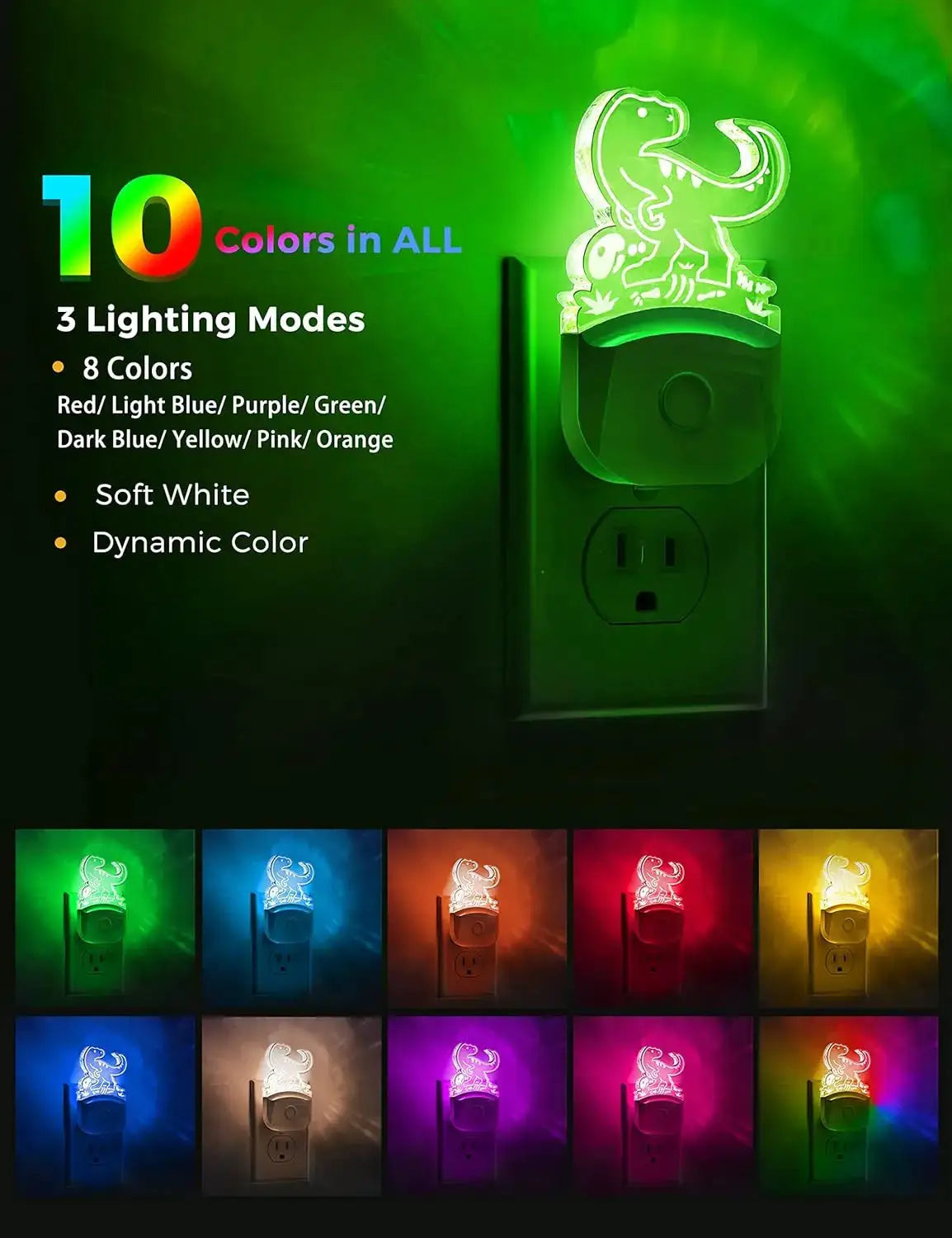 Dinosaur Night Light for Kids, Plug-in LED with Dusk-to-Dawn Sensor, 3 Modes, RGB+Warm White, Nursery Room Decor from PriceLows™