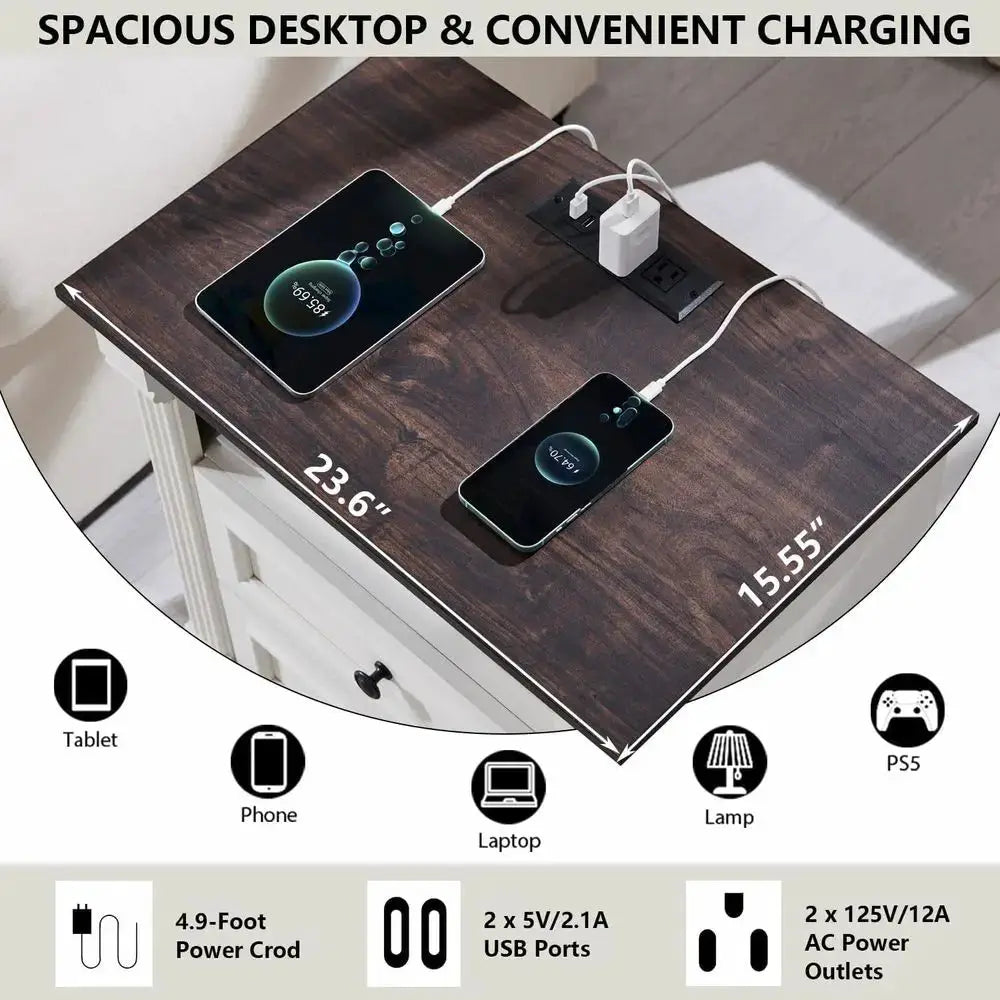 26 High Nightstand with Charging Dock, 23.6 Wide End Table with Column, Rustic Wooden Side Table with Metal Handle, Suitable for from PriceLows™