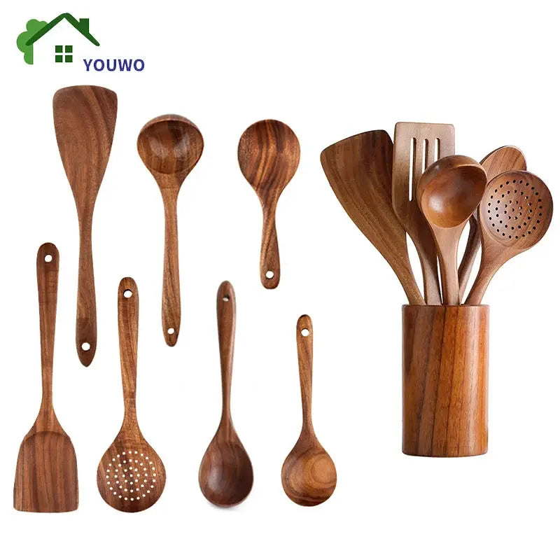 Natural Teak Cooking Spoon Scoop Kitchen Wooden Spatula Non-stick Utensils Set For Cooking With Hanging Hooks Cookware Tool from PriceLows™