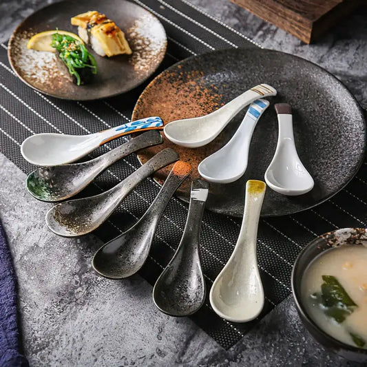 Ceramic Spoon Japanese Retro Bone China Green Black 14.5*4.5cm Rice Scoop Tableware Household Kitchen Supplies Dinnerware from PriceLows™