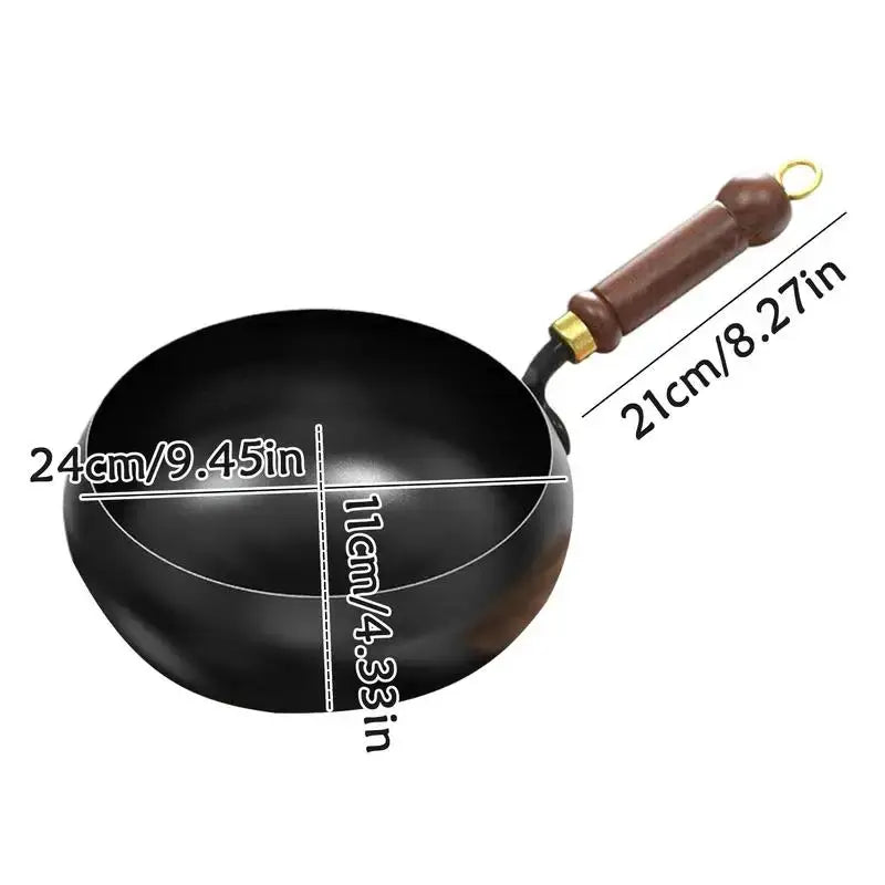 Cast Iron Frying Pan | 24 cm Diameter | Flat Bottom | Wooden Lid