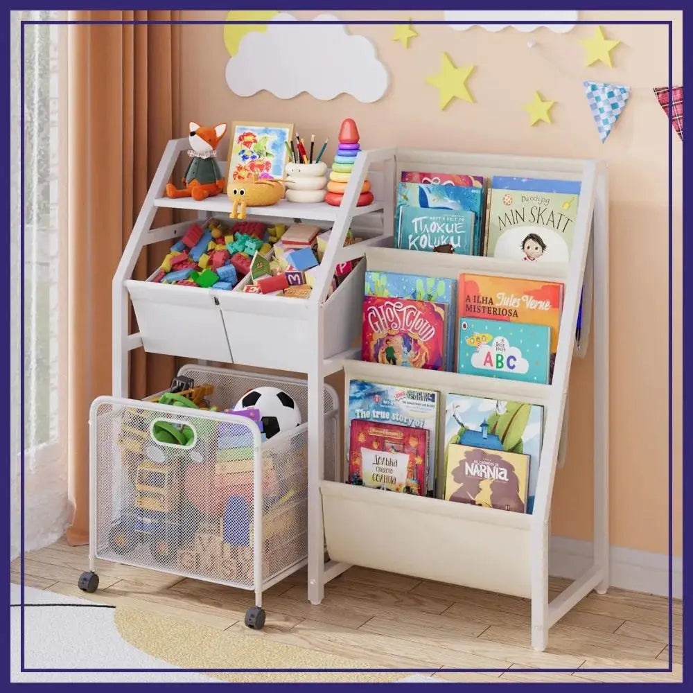 3-Tier Bookshelf with Toy Storage Bins and Drawer, White from PriceLows™