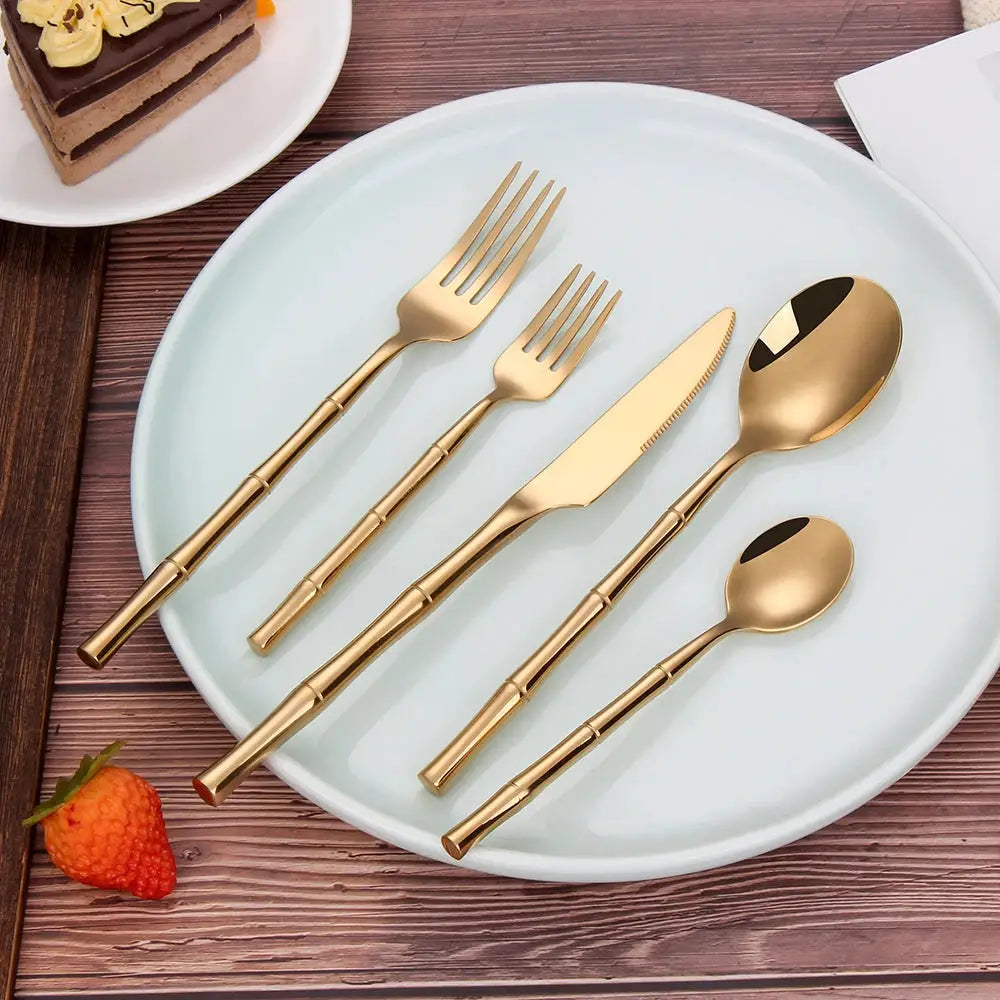 6/24/30Pcs Stainless Steel 304 Tableware Gold Cutlery Set Western Bamboo Shaped Handle Knife Fork Spoon Mirror Dinner Set from PriceLows™