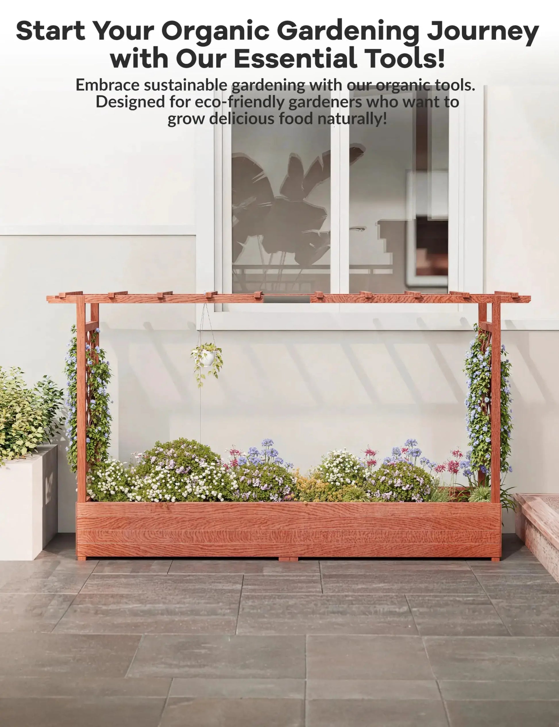 Elevated Wooden Raised Garden Bed with Trellis/Canopy/Drainage Hole Freestanding Planter Box for Climbing Plants Vines Blossoms from PriceLows™