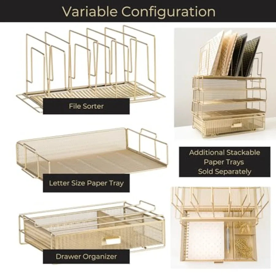 Desk Organizer Set | Gold Finish | 3 Stackable Trays With Drawer | One Size