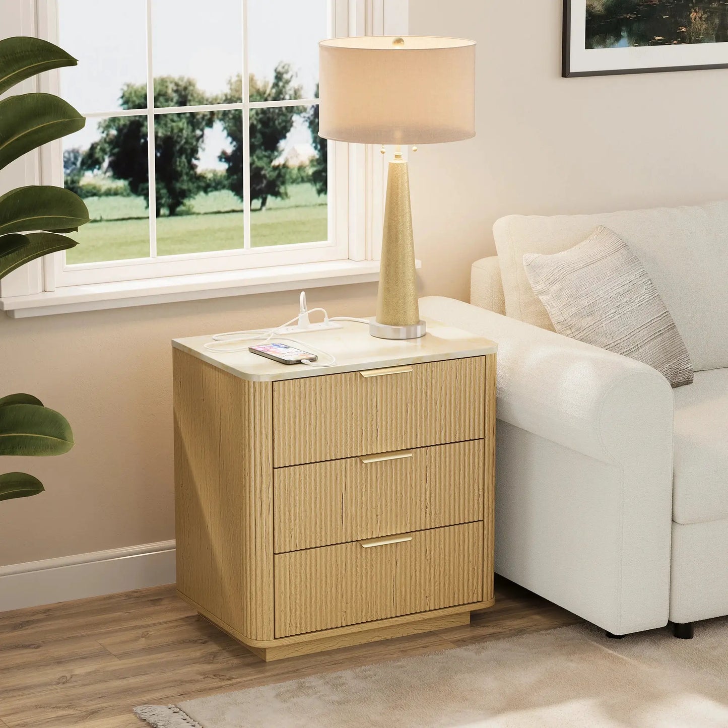 23" Wide Fluted Night Stand with Charging Station,3 Drawers Large End Table with Storage,Black Nightstand Wood Bedside Table, Farmhouse Cabinet Dresser for Bedroom,Closet from PriceLows™