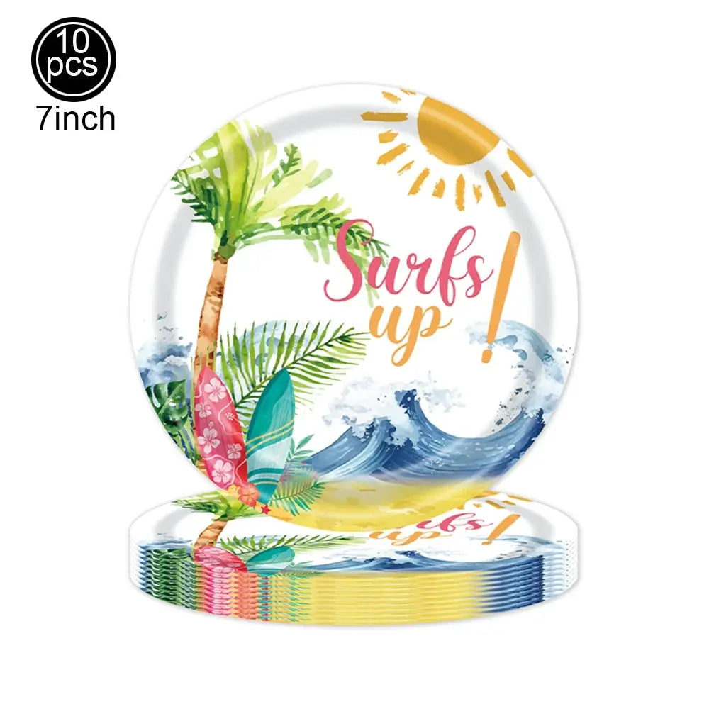 Surf Beach Party Tableware | Paper Plates Napkins Cups | Tattoos And Snack Tray