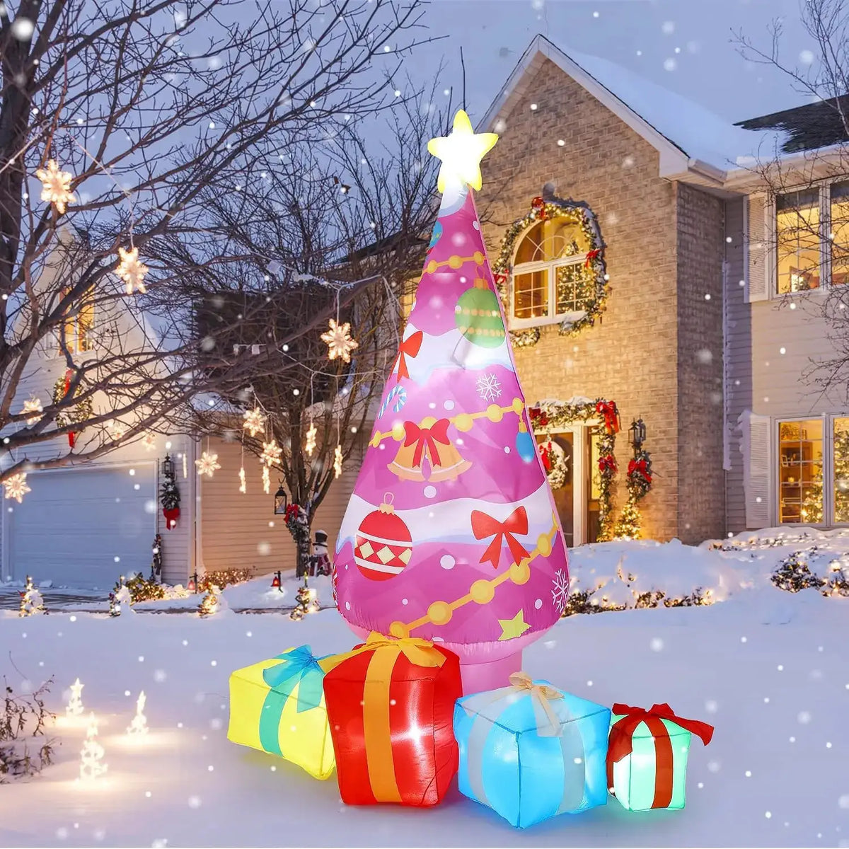 Christmas Tree Inflatables | 7Ft Pink | LED Lights | 4 Gift Box Decor