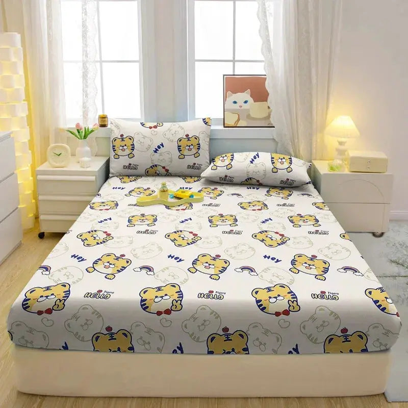 1 Cartoon Fun Animal Printed Matte Fitted Sheet, Bedroom Printed Bed Cover, Bedding (Excluding Pillowcases) from PriceLows™