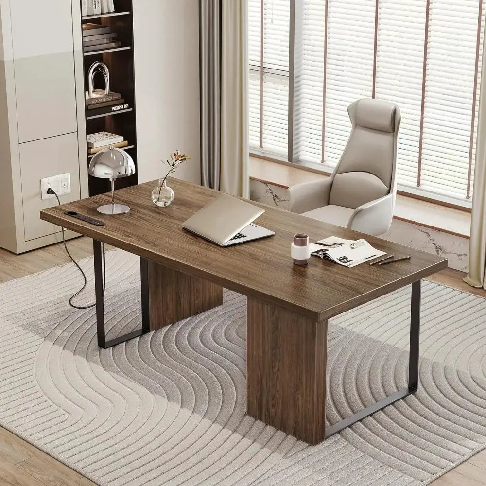60-Inch Modern Desk, Wooden Computer Executive Desk with Built-in Power Outlet and Large Tabletop Workstation Writing Table Stud from PriceLows™