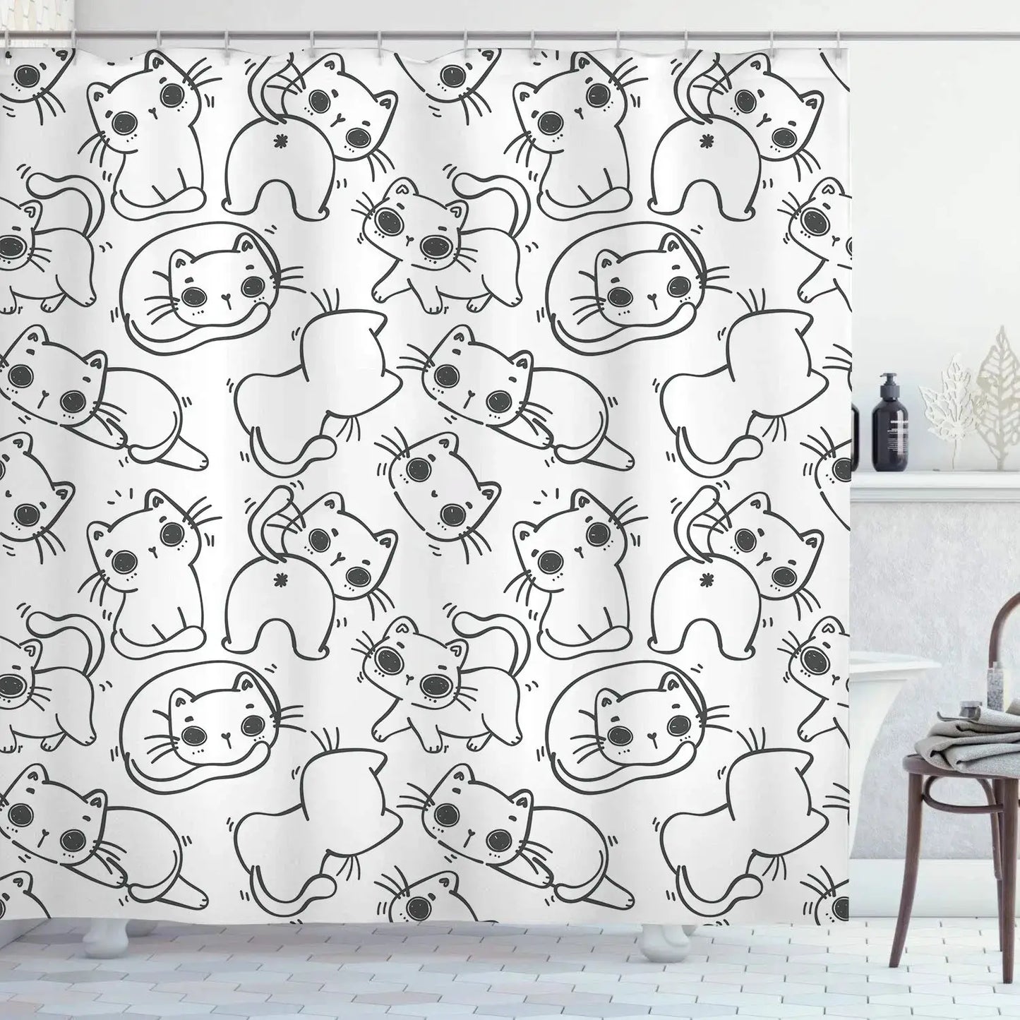 Cute Cat Pattern Shower Curtain - Fun Cartoon Design for Playful Bathroom Décor, Waterproof, Easy Care & Soft Fabric from PriceLows™