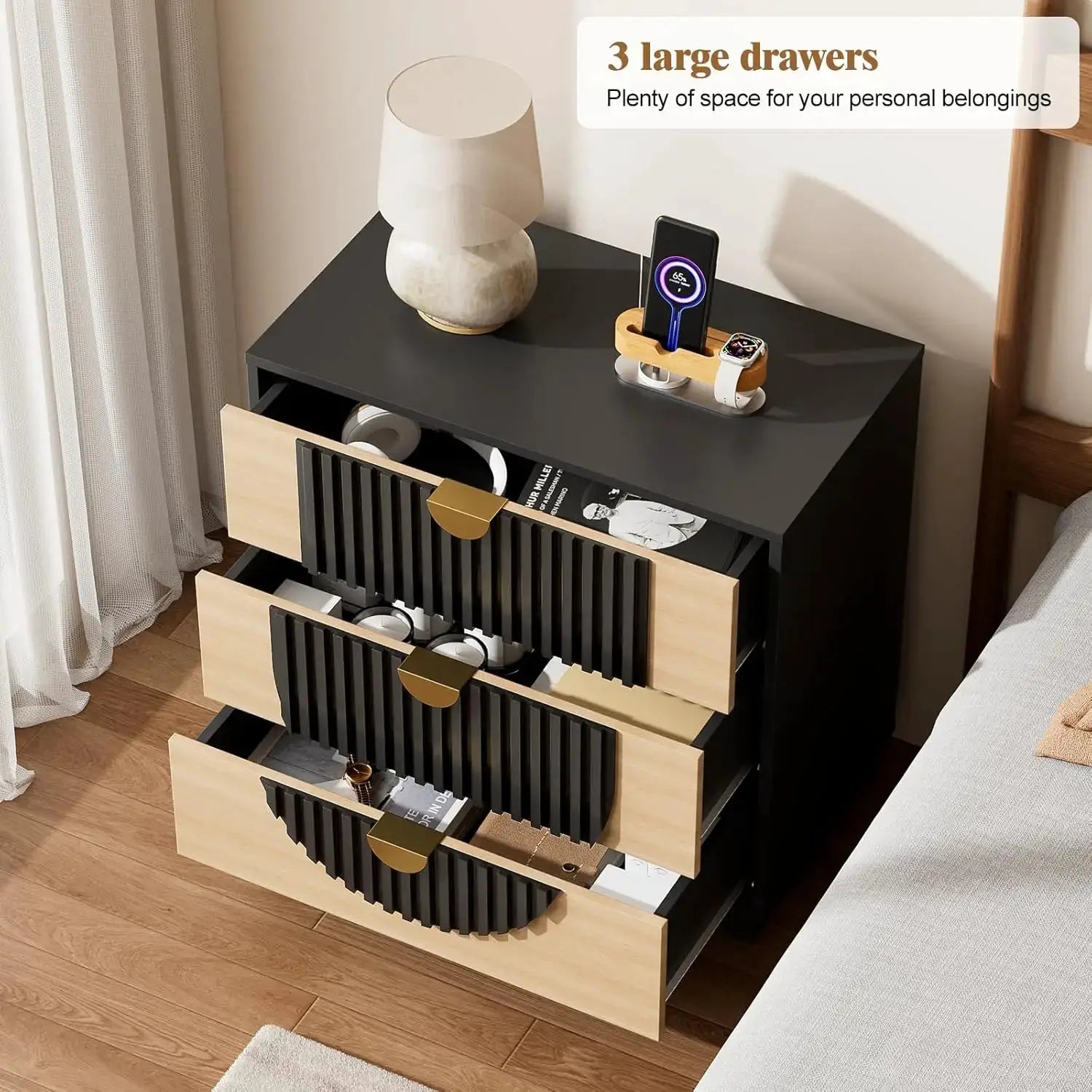 3 Drawer Nightstand with Charging Station, 28" Fluted Night Stand & Modern Bedside Table, Wood End Table Storage Cabinet from PriceLows™