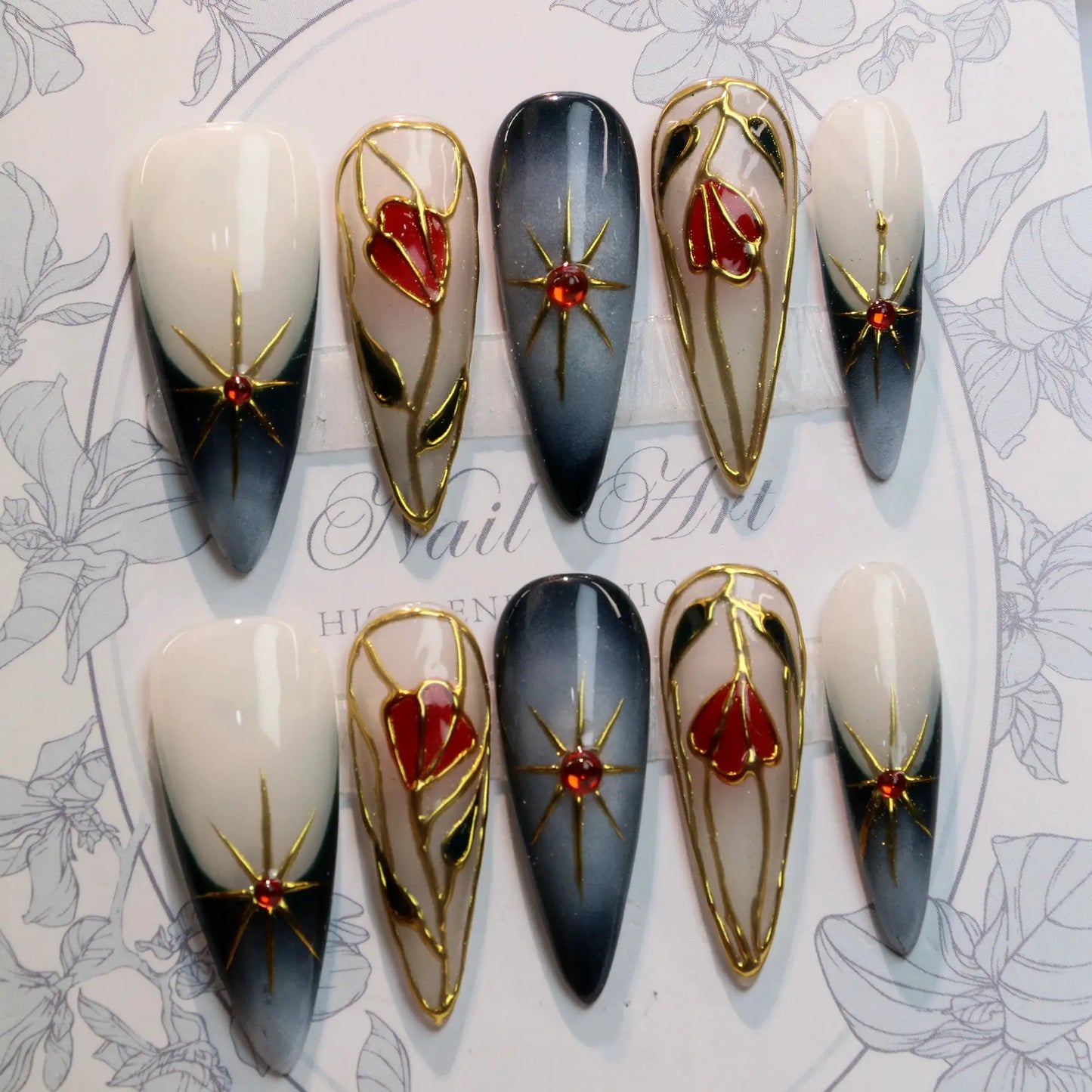 Press On Nails | Handmade Acrylic | Floral Design | 10 Piece Set