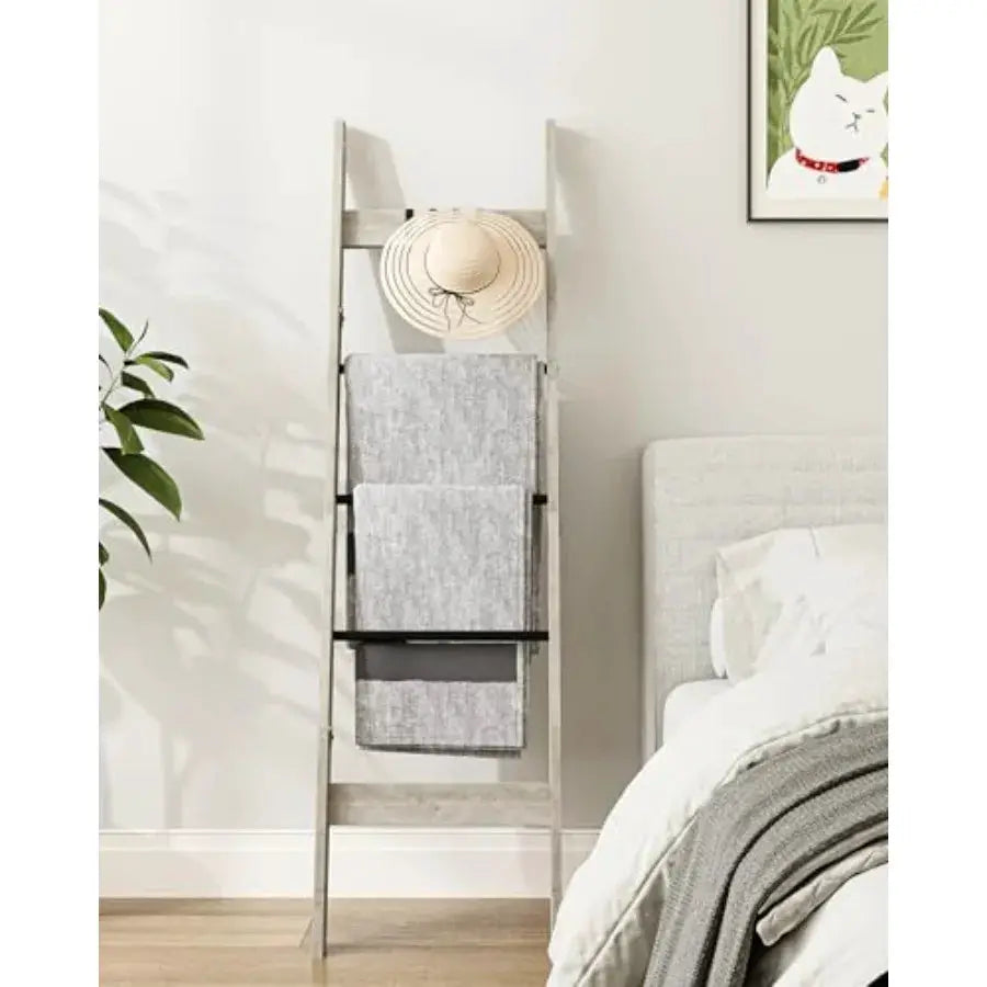 Blanket Ladder for Living Room, Decorative Quilt Rack with 4 Removable Hooks, 5-Tier Farmhouse Ladder Holder Shelf Organizer fo from PriceLows™