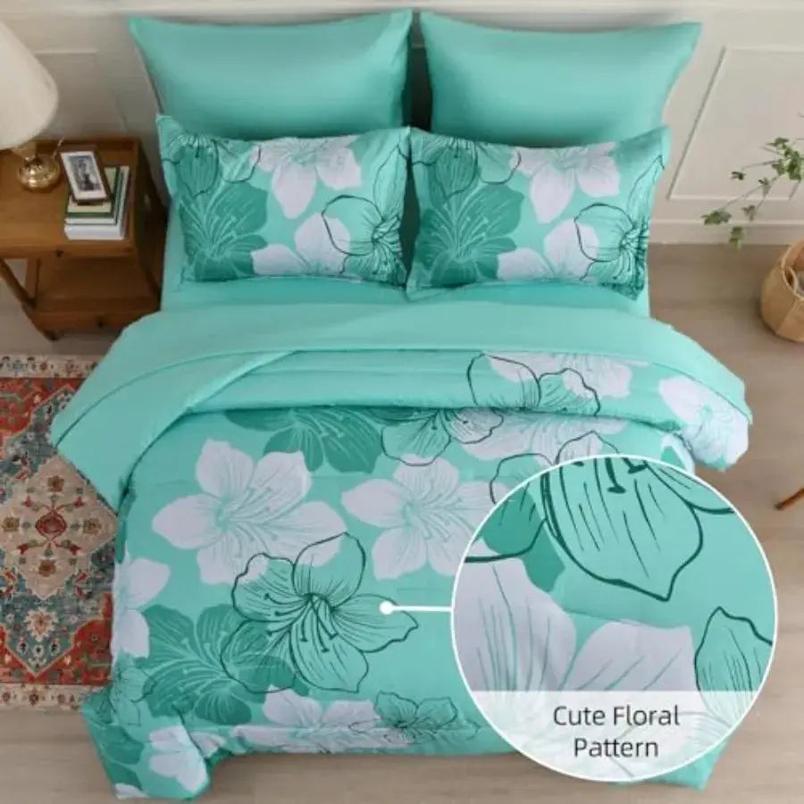 Comforter Set Size 7 Pieces Bed in a Bag, Turquoise Floral Comforter and Sheet Set, Soft Microfiber Complete Summer Bedding Set from PriceLows™
