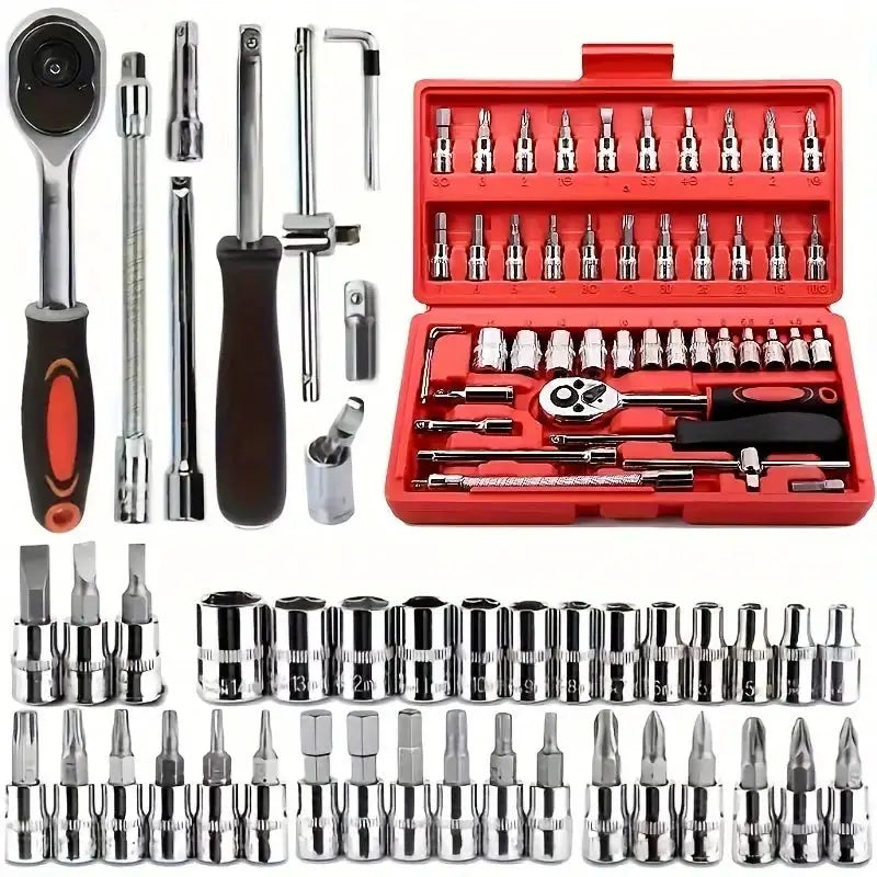 150/46pcs Socket Tool Set, Automotive & Motorcycle Repair Tool Kit - Durable Chrome Vanadium Steel, Includes Ratchet Wrenches from PriceLows™