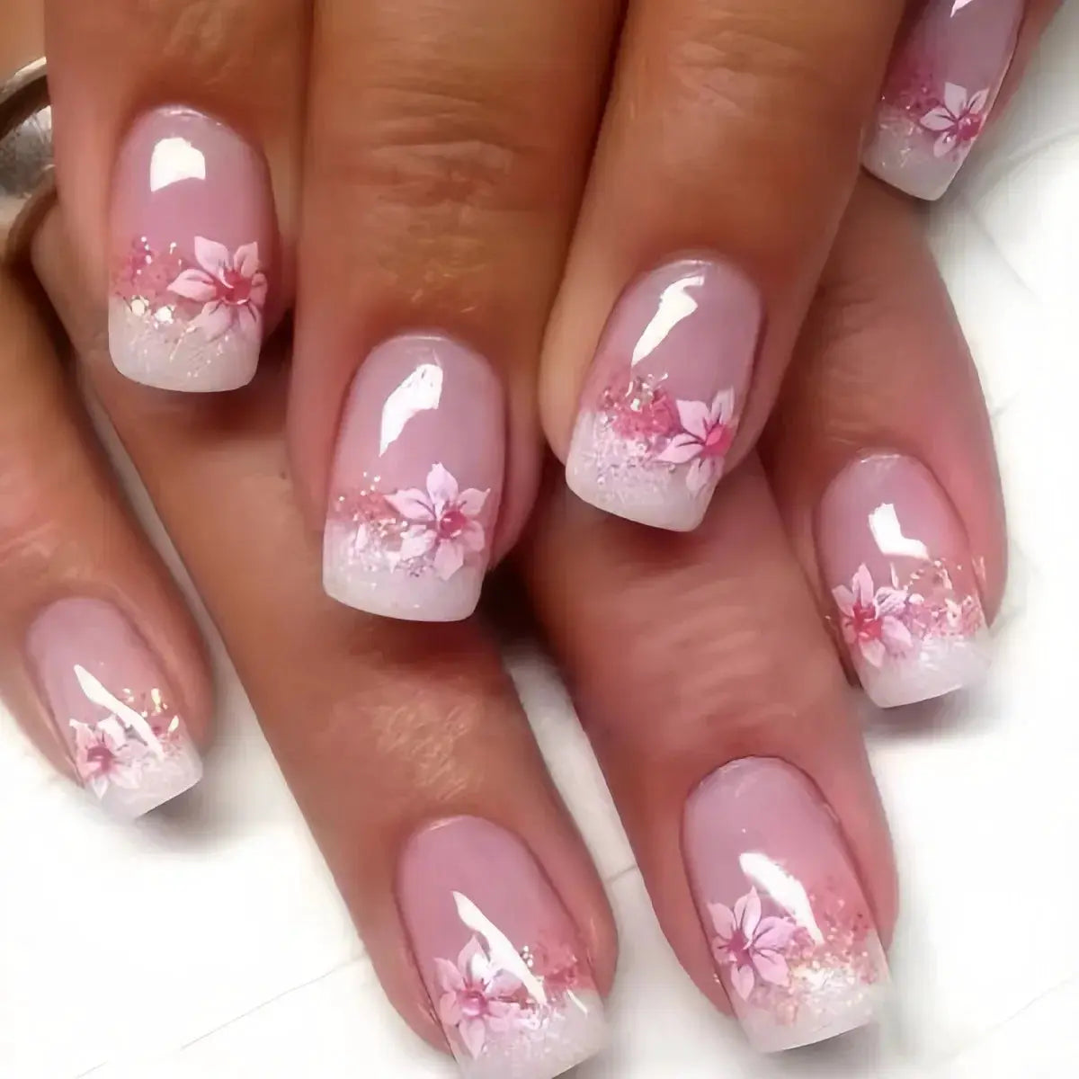 Short Almond Press On Nails | Pink Floral French | Reusable Full Cover | 24 Pcs