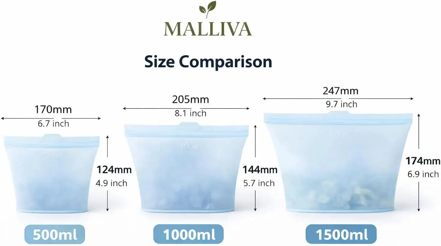 Silicone Food Storage Bags | 3 Pack Stand Up Ziplock | BPA Free | 17oz 34oz 51oz