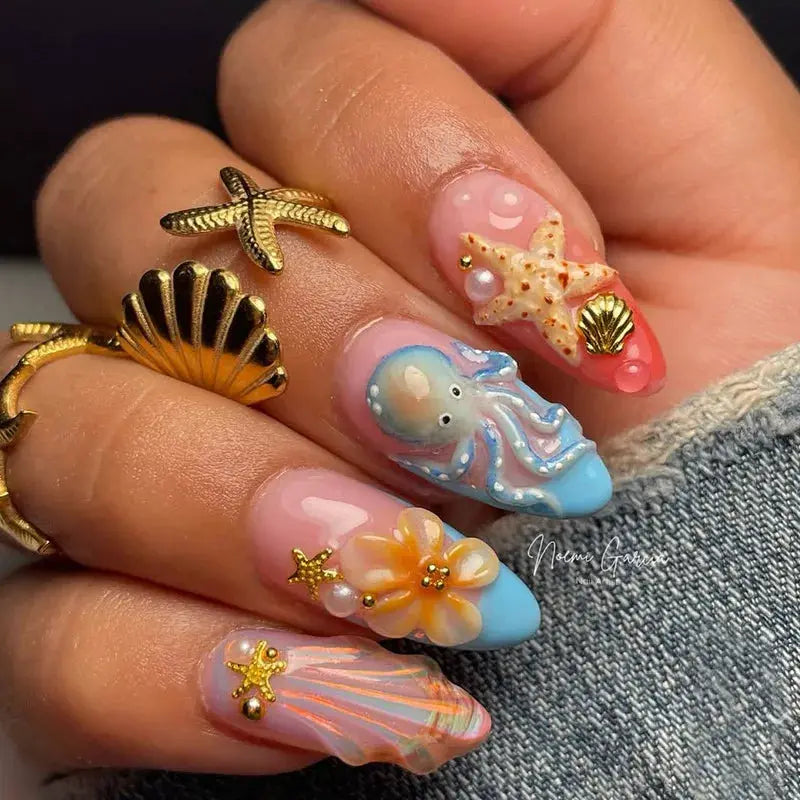 Press On Nails | Almond Shape | Green Lotus Frog Design | 24 Piece Kit