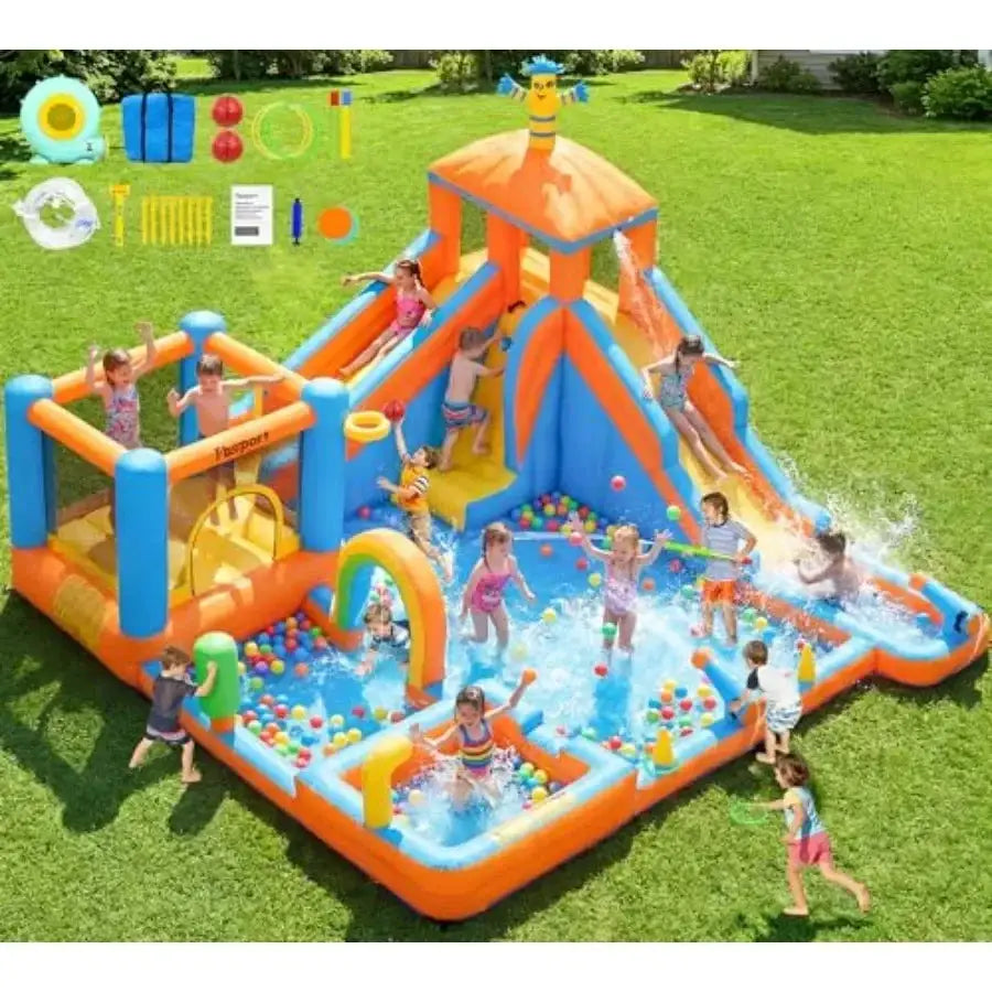 Inflatable Water Slide Bounce House, Double Water Slides Bounce House for 3-12, 11 in 1 Water Park Bouncy Castle for Backyard O from PriceLows™