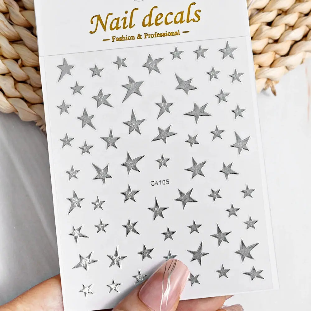 3D Bronzing Laser Silver Irregular Star Nail Decals Metallic Effect Silver Pentagram Nail Decals Adhesive Nail Art Star Stickers from PriceLows™