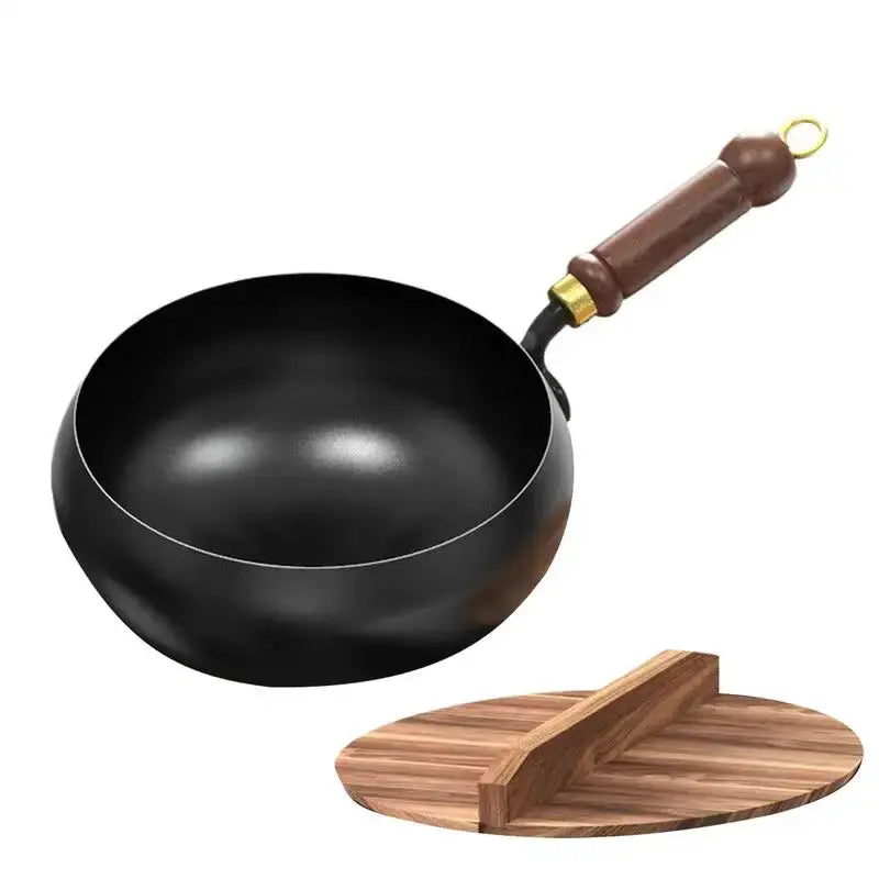 Cast Iron Frying Pan | 24 cm Diameter | Flat Bottom | Wooden Lid