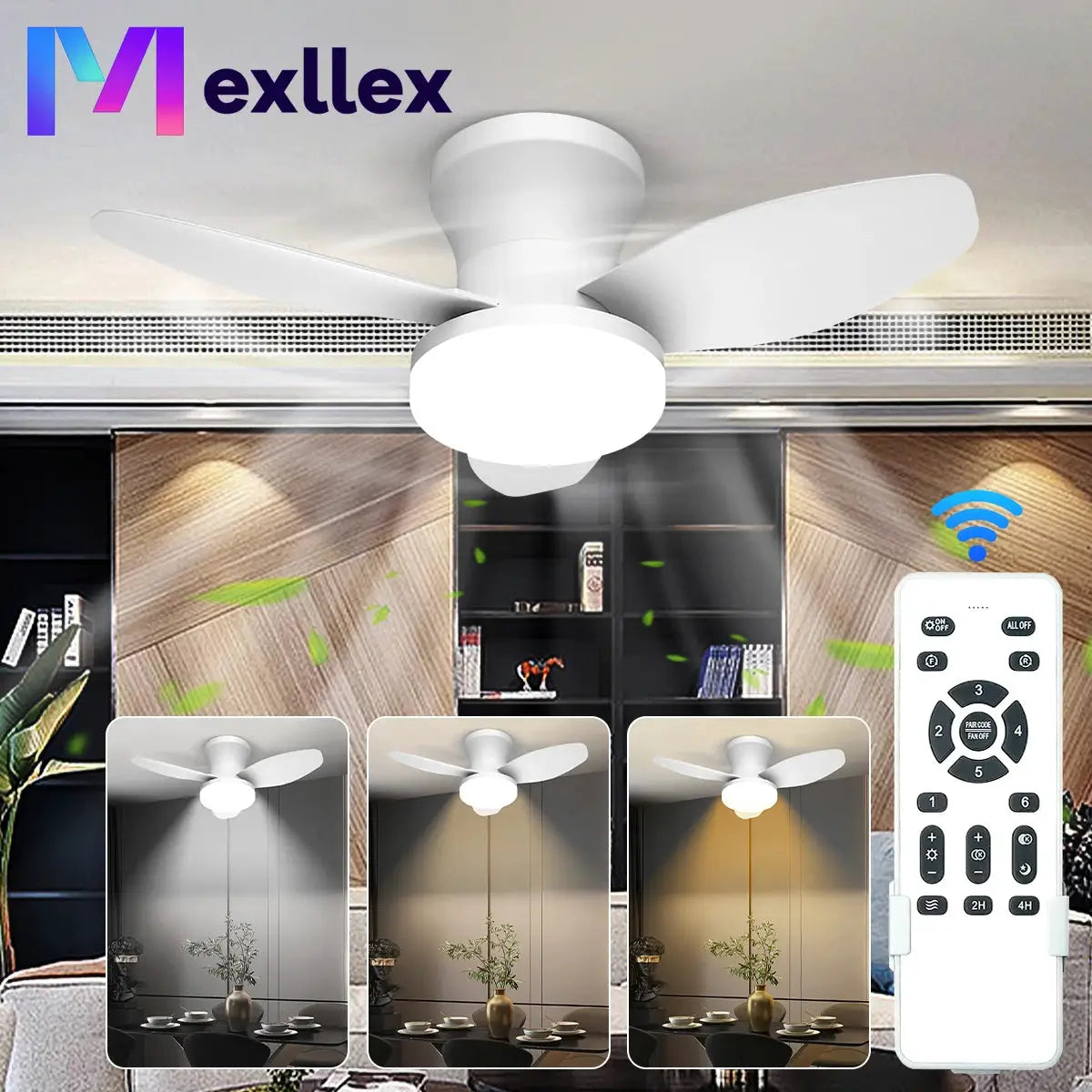 Mexllex Three Leaf Ceiling Fan with Light & Remote Control, 6 Speed, Reversible Noiseless, Dimmable LED Chandelier for Bedroom from PriceLows™