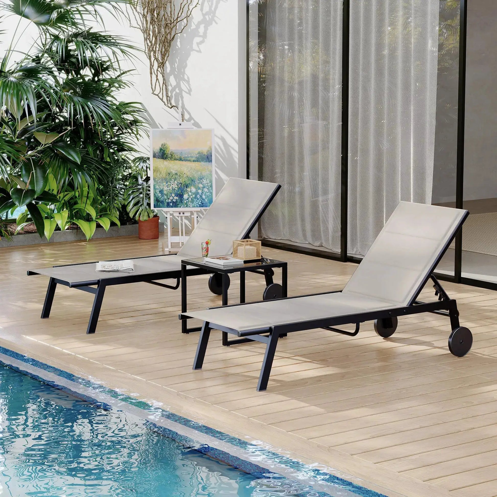 atio Textile Chaise Lounge Chairs with Side Table, Set of 3 Outdoor Chaise Lounge Set with Wheels, 5-Level Backrest Pool Lounger from PriceLows™