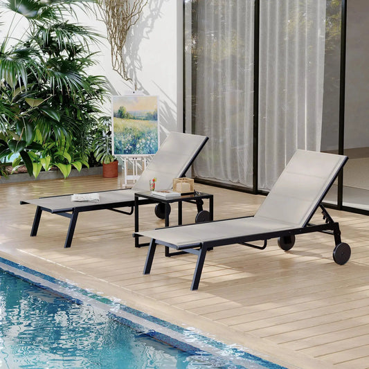 atio Textile Chaise Lounge Chairs with Side Table, Set of 3 Outdoor Chaise Lounge Set with Wheels, 5-Level Backrest Pool Lounger from PriceLows™