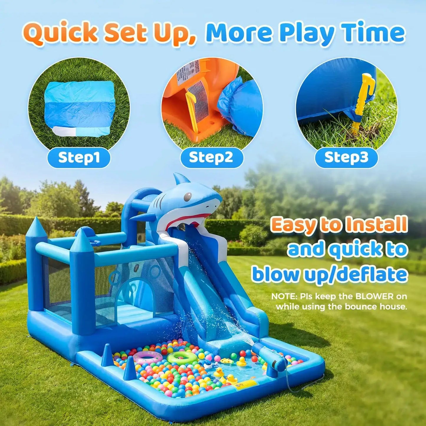 Shark Inflatable Water Park Bounce House With Slide & Blower, Splash Pool, Climbing Wall, Water Cannon, Hoop For Backyard Kids from PriceLows™